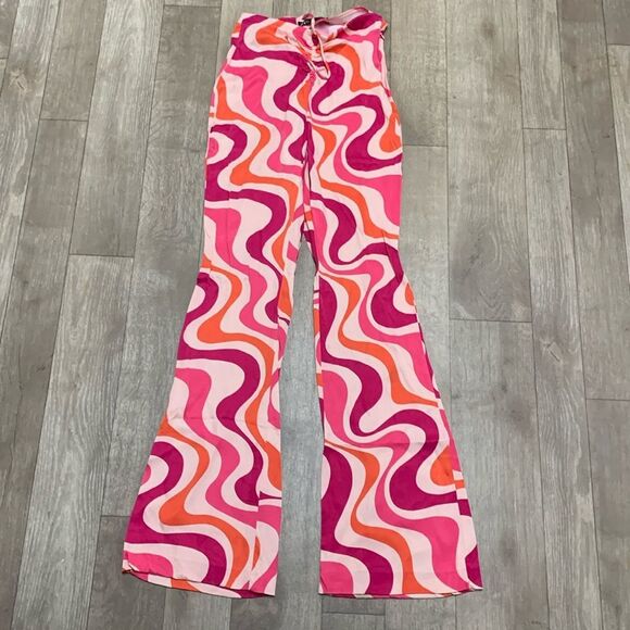 Womens Zara Groovy Party Flare Satin Soul‎ Train  Drawstring Retro Pants - Picture 1 of 8